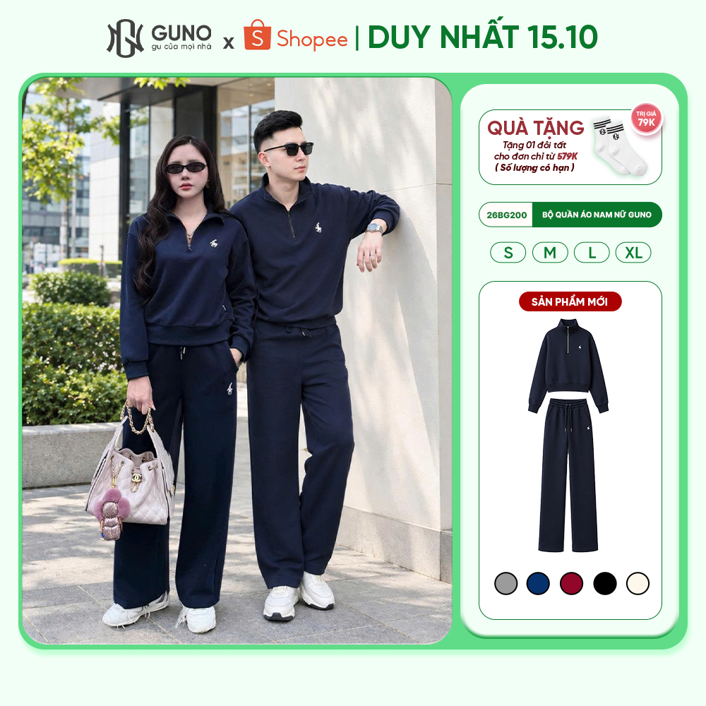 Set Bộ Nỉ Thu Đông GUNO Nam Nữ Cổ Khóa Kéo Quần Suông Form Rộng Nỉ Hai Da Cao Cấp 26BG200/BB230