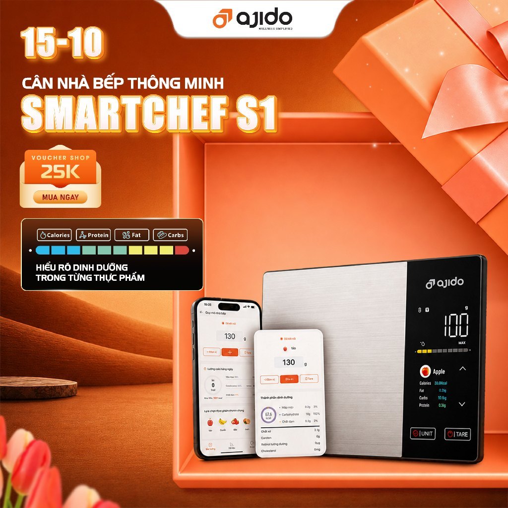 Cân Nhà Bếp Thông Minh Ajido SmartChef S1, Cân Tiểu Ly Điện Tử, Tính Calo Thực Phẩm, Tải Trọng 5kg, Theo Dõi Dinh Dưỡng