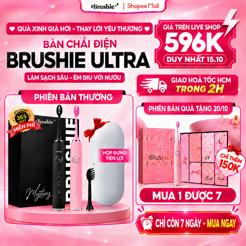 [GIÁ 540K LIVE SHOP] Bàn Chải Điện Brushie Ultra One Lông Mềm, Tích Hợp Máy Rửa Mặt, Bộ Set Quà Tặng Cho Nữ 20/10, LIS