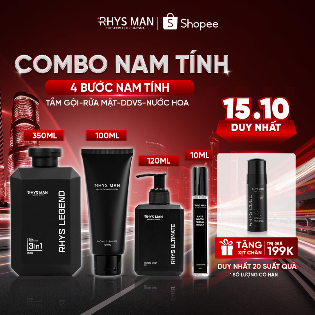 Combo Sữa tắm gội nam 3in1 350ml & Sữa rửa mặt 100ml & Dung dịch vệ sinh 120ml & Nước hoa 10ml Rhys Man - Combo Nam Tính