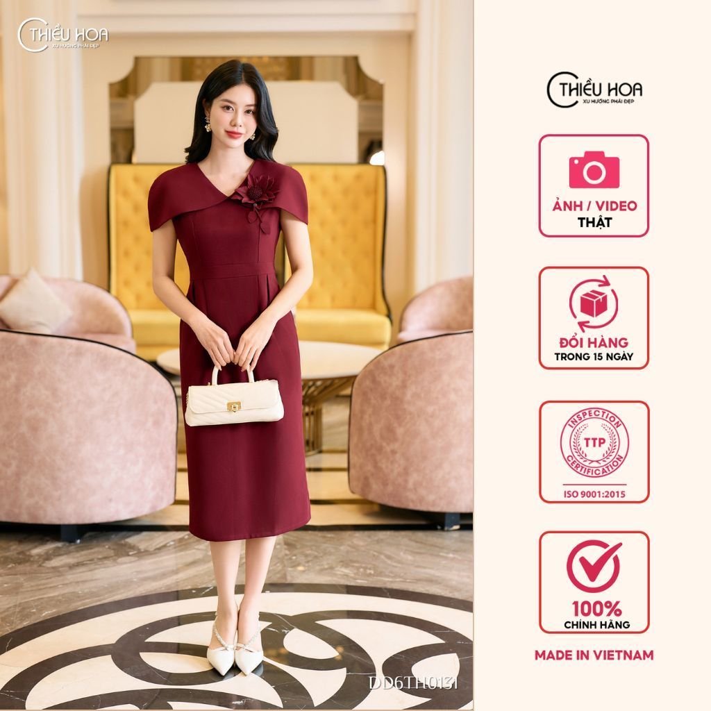 Đầm dự tiệc được làm từ chất liệu CAROLAN với thiết kế cao cấp sang trọng, thương hiệu Thiều Hoa DD6TH0131