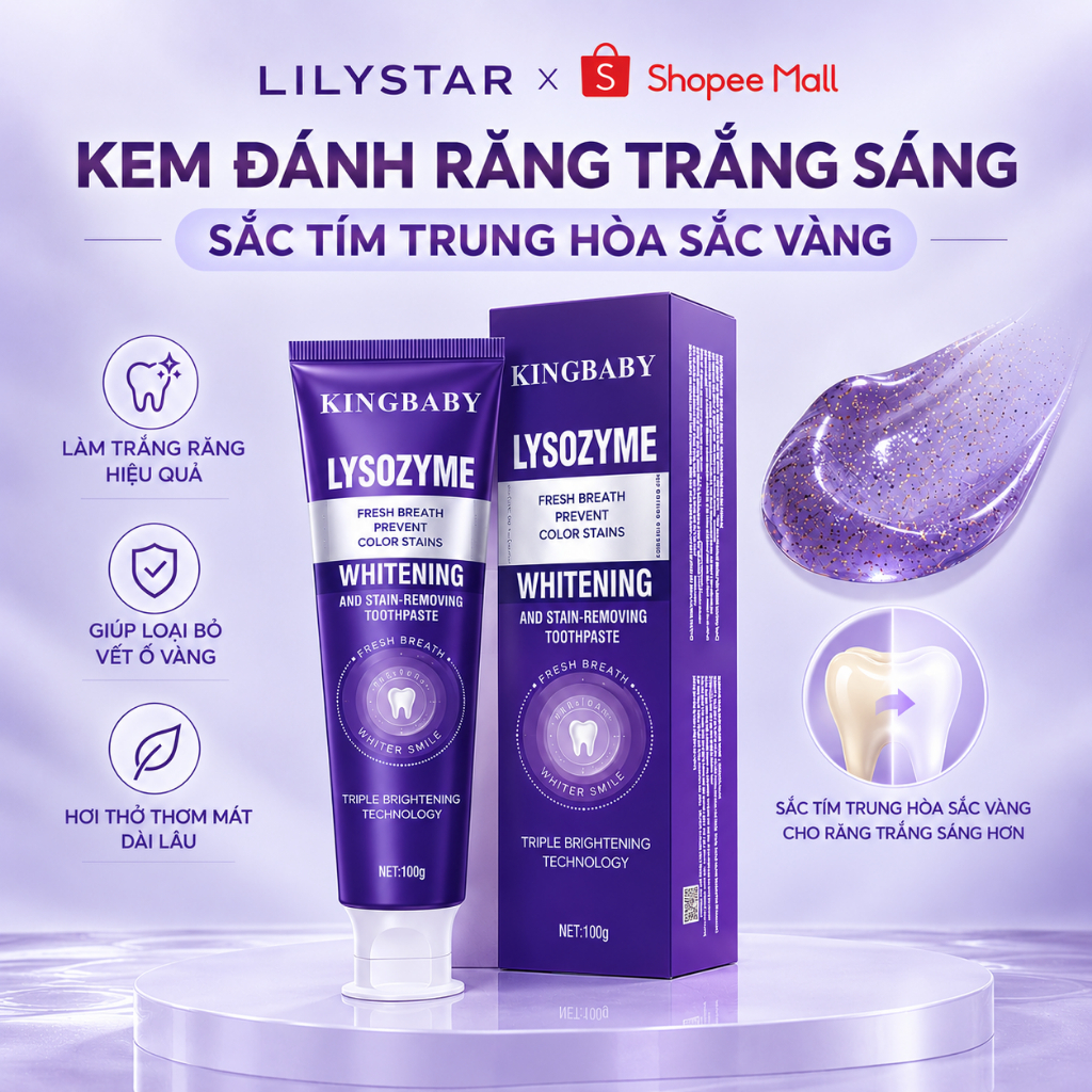 (HOT) Kem Đánh Răng Trắng Sáng KINGBABY Purple Whitening Lysozyme Làm Trắng Răng, Giảm Ố Vàng, Mảng Bám 100g