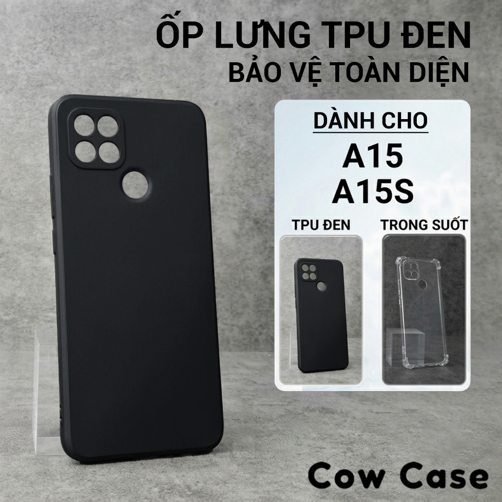 Ốp lưng Oppo A15, A15S Cowcase trơn màu đen | Ốp điện thoại Oppo dẻo bảo vệ camera đt toàn diện