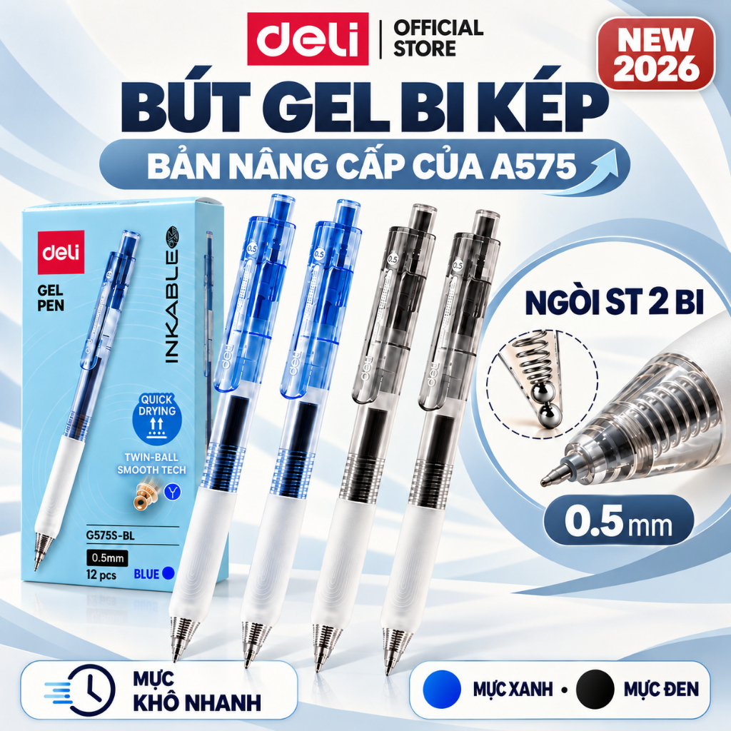 [🔥A575 NÂNG CẤP] Bút Bi Gel Bấm A575 Deli Bản Nâng Cấp Ngòi ST 2 bi 0.5mm Trơn Mượt Cho Học Sinh Văn Phòng