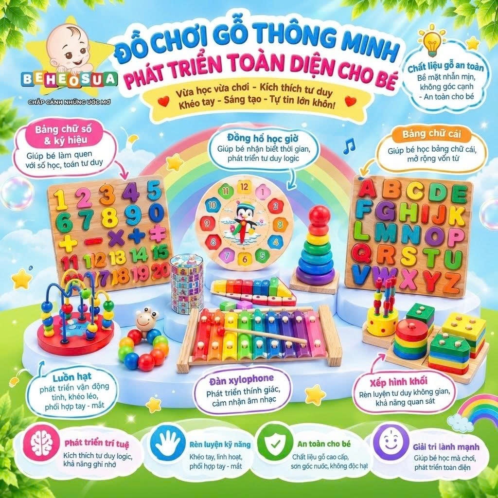 Combo 11 món đồ chơi gỗ montesori cho bé phát triển trí tuệ hàng loại 1 gỗ thông đẹp ( BÉ HEO SỮA )