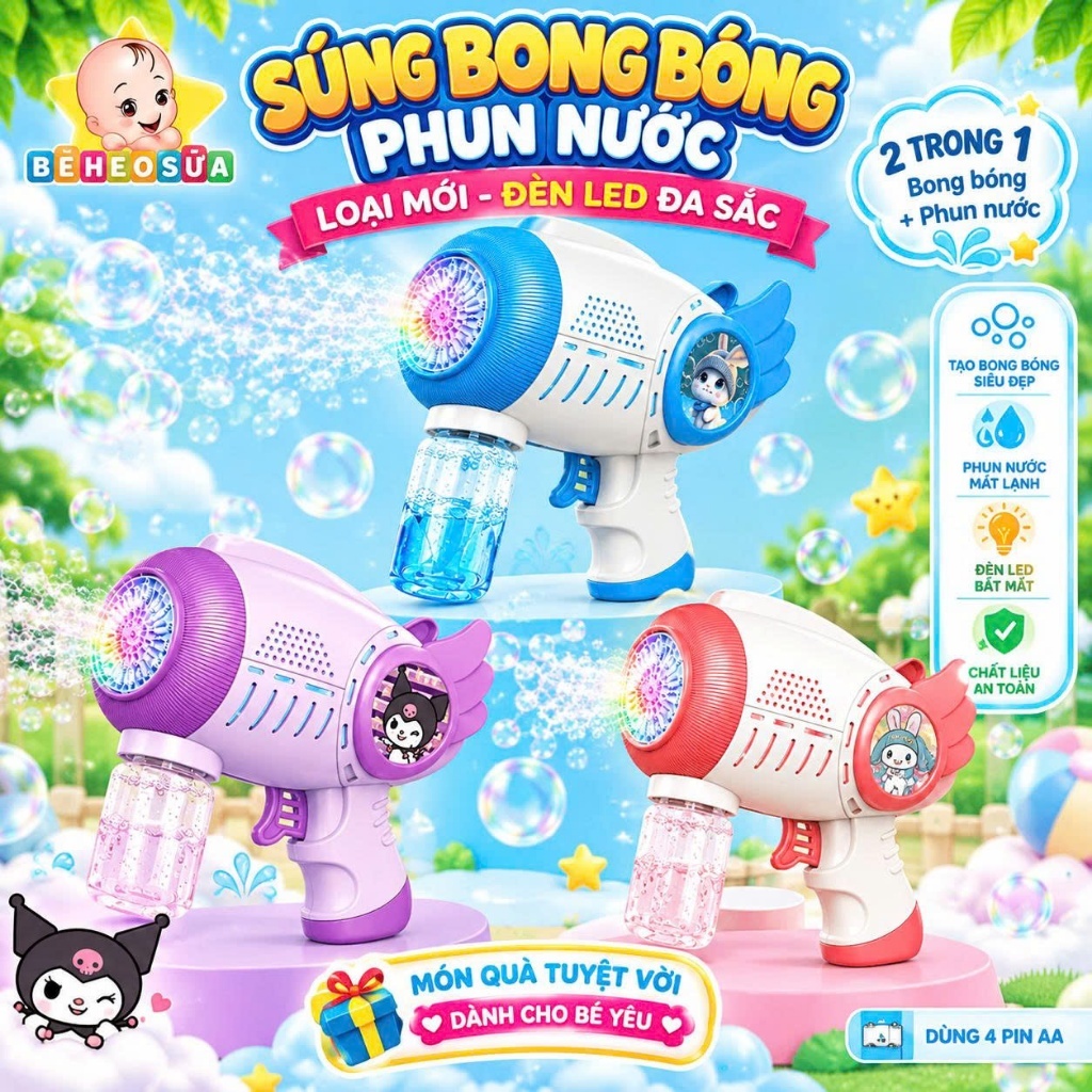 Súng bong bóng có đèn led bảo hành 3 tháng máy thổi bong bóng có đèn led ( BÉ HEO SỮA )