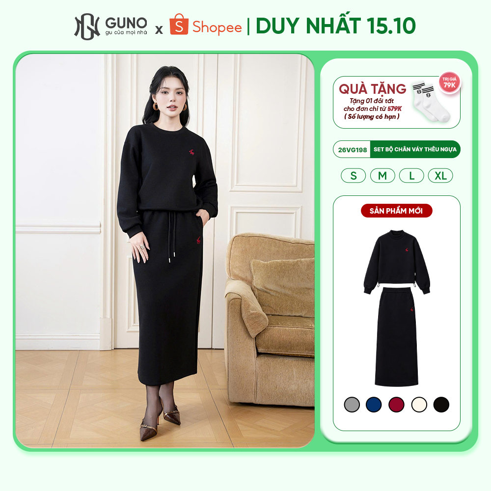 Set bộ chân váy nỉ dáng dài GUNO logo thêu ngựa cao cấp form suông tôn dáng thanh lịch 26VG198