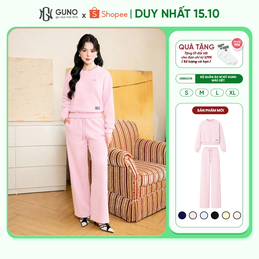 Set Bộ Nỉ Thu Đông Cao Cấp GUNO Mác Dệt Cổ Tròn Phối Quần Suông Hack Dáng 26BG216