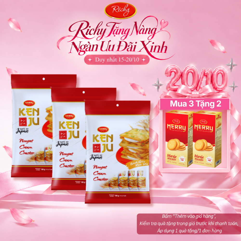 [HỎA TỐC HN] [MUA 3 TẶNG 2 QUÀ] Combo 3 Túi Bánh Richy Kenju Kem Dẻo 186gr Nhân Nougat Hành Kéo Sợi