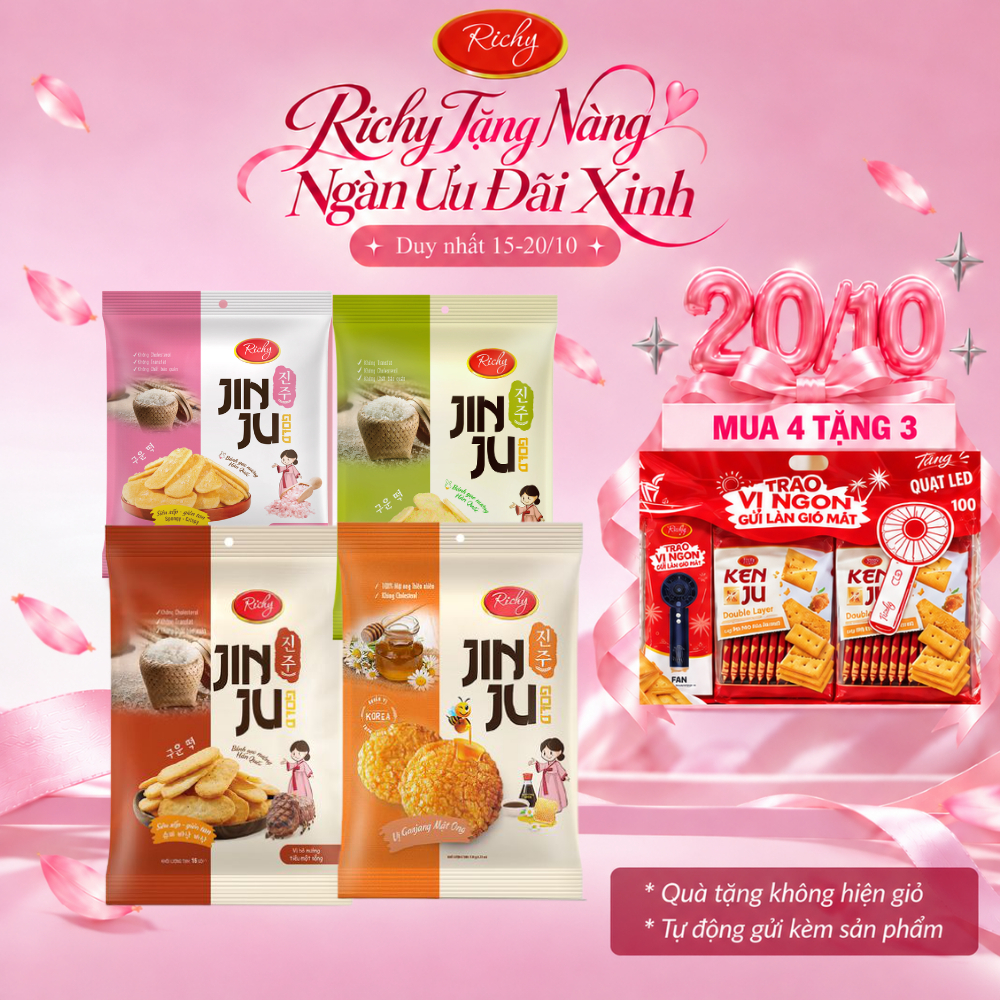 [MUA 4 TẶNG 3, Mua 3 Tặng 1] Combo 3-4 Gói Bánh Gạo Richy Jinju Các Vị: Mật Ong, Muối Hồng, Cốm Sữa, Bò Tiêu, Hàn Quốc