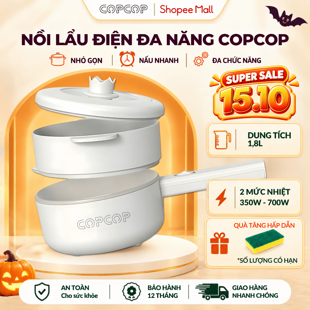 Nồi lẩu điện đa năng COPCOP nồi lẩu dung tích 1.8L tặng kèm khay hấp tiện lợi bảo hành 12 tháng
