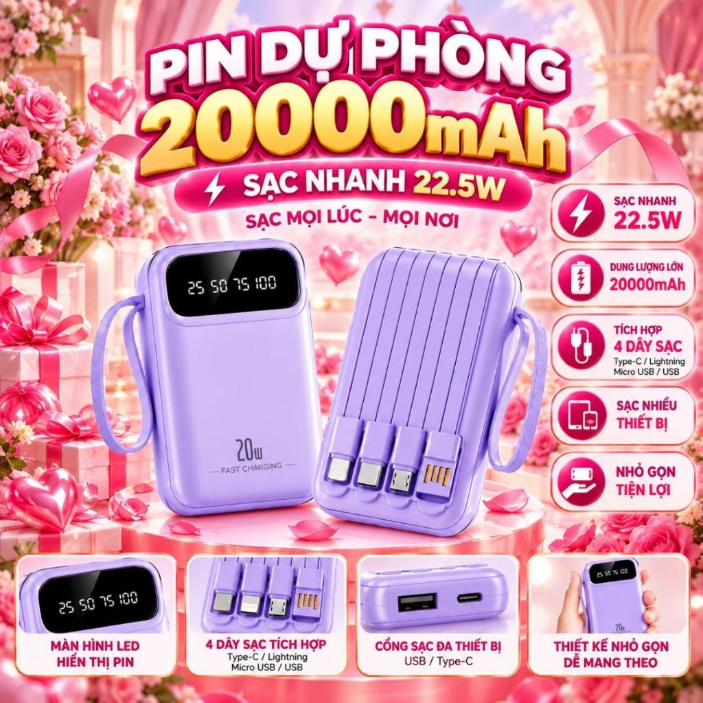 Sạc Dự Phòng 20000mAh Sạc Nhanh 22.5W, Pin Dự Phòng Nhỏ Gọn Có Cáp Liền, LED, iPhone Samsung Oppo