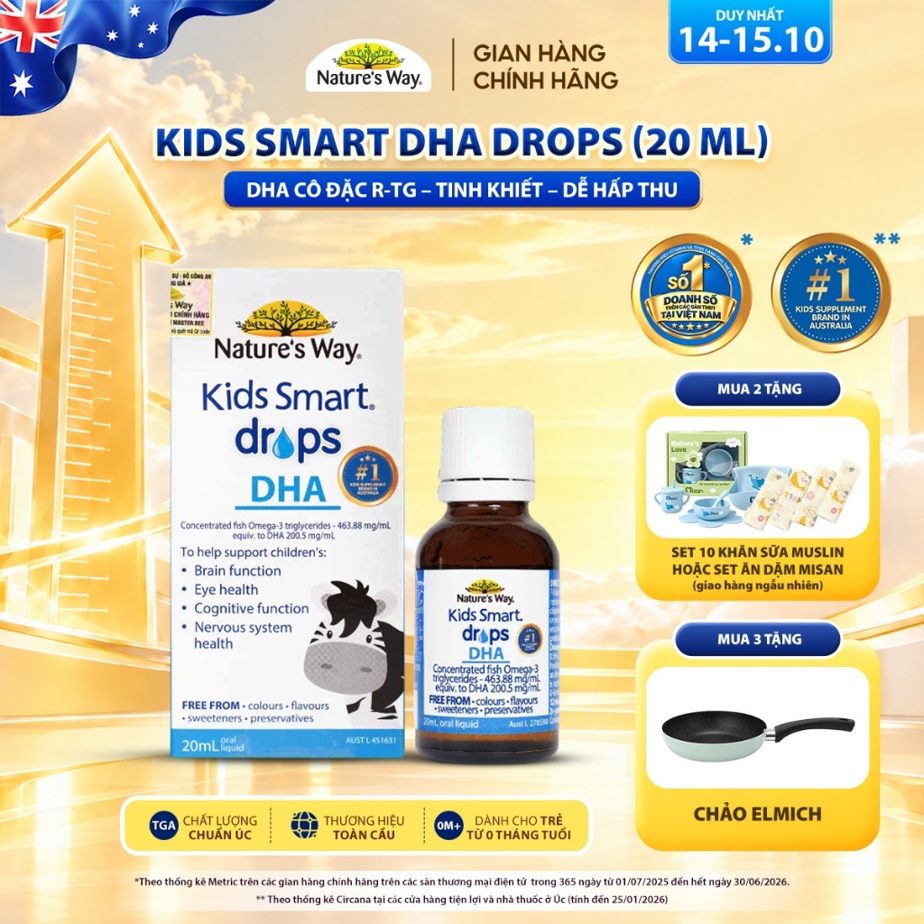 DHA Drops Nature's Way Kids Smart Bổ Sung DHA, EPA, Omega 3 RTG Cô Đặc, Hỗ Trợ Tốt Cho Não Và Mắt Cho Bé 20ml
