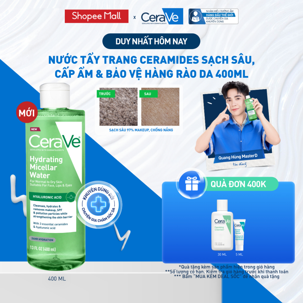 [MỚI] Nước tẩy trang ceramides sạch sâu, cấp ẩm & bảo vệ hàng rào da 400ml CeraVe Hydrating Micellar Water