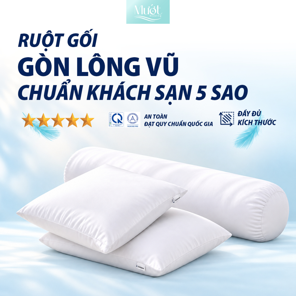 Gối nằm, gối ôm, ruột gối chất liệu gòn lông vũ size 35x50, 40x60, 50x70 Mướt bedding Chuẩn Khách Sạn 5 Sao Cao Cấp