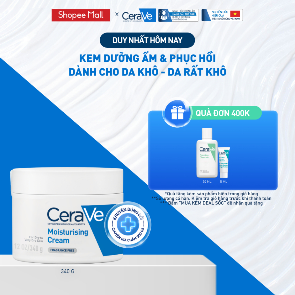 Kem dưỡng ẩm phục hồi sâu và ẩm mịn suốt 48H dành cho da khô, duy trì hàng rào bảo vệ da CERAVE MOISTURISING CREAM 340G
