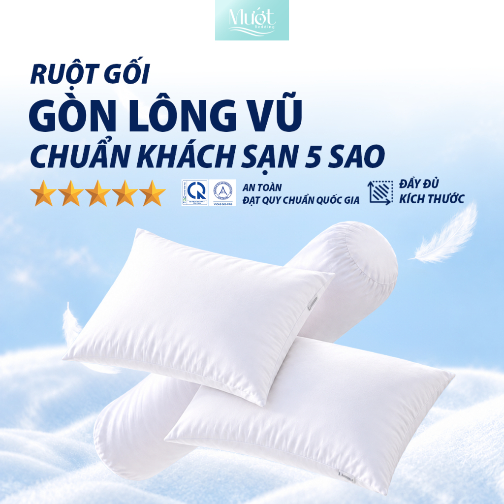 Gối nằm, ruột gối chất liệu gòn lông vũ cao cấp size 35x50, 40x60, 50x70 Mướt bedding, Chuẩn Khách Sạn 5 Sao Cao Cấp