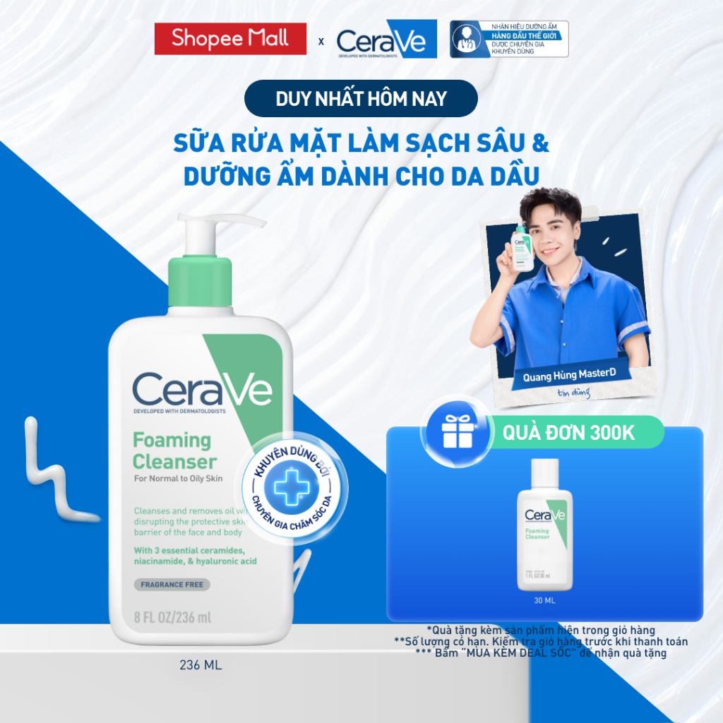 Sữa rửa mặt foaming giúp làm sạch sâu và dưỡng ẩm dịu nhẹ dành cho da dầu - CeraVe Foaming Facial Cleanser 236ML