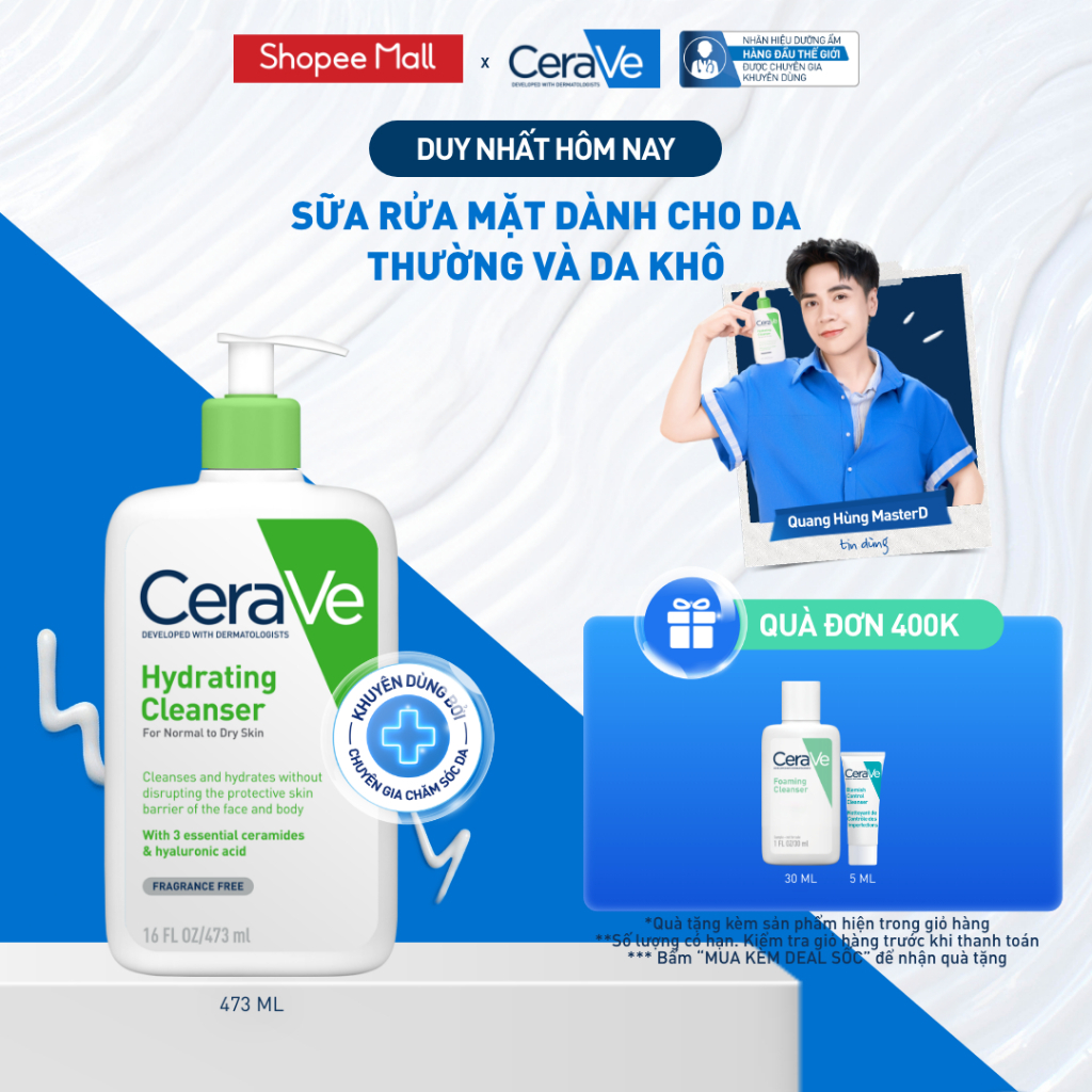 Sữa rửa mặt giúp làm sạch sâu dành cho da thường và da khô Cerave Hydrating Cleanser 473ML