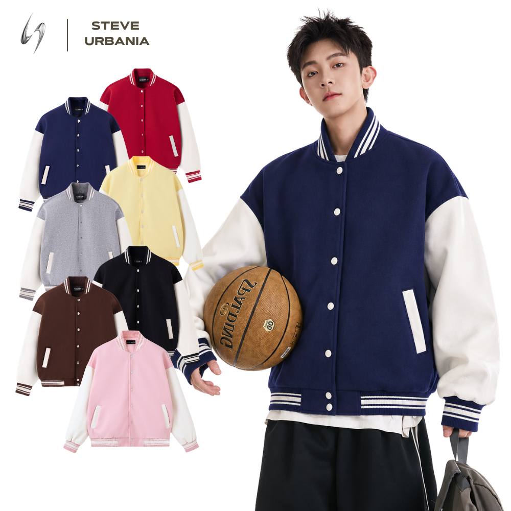 Áo Khoác Bomber Basic STEVE URBANIA Nam nữ Form Rộng Unisex, Áo khoác Varsity vải dạ phối tay da và dạ cao cấp - AK03