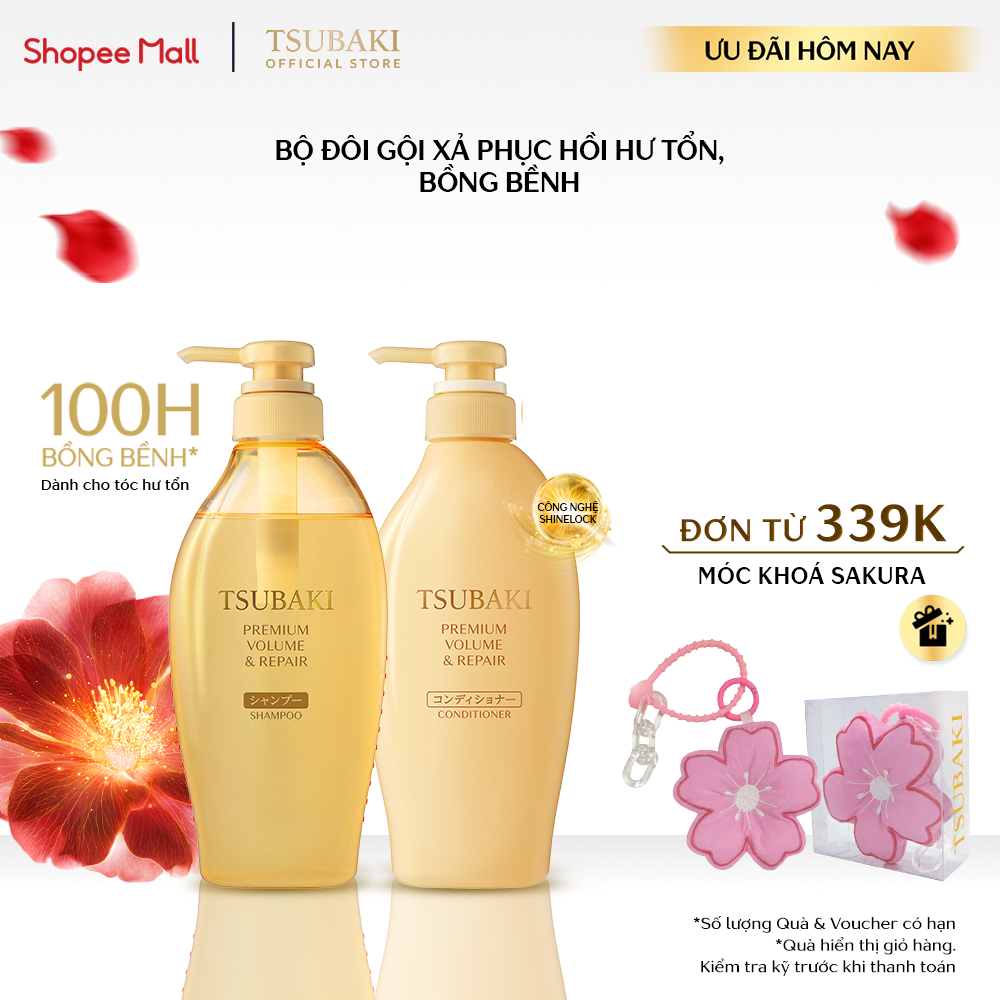 Bộ đôi Gội xả Phục hồi & bồng bềnh Tsubaki Premium Volume & Repair 450mlx2