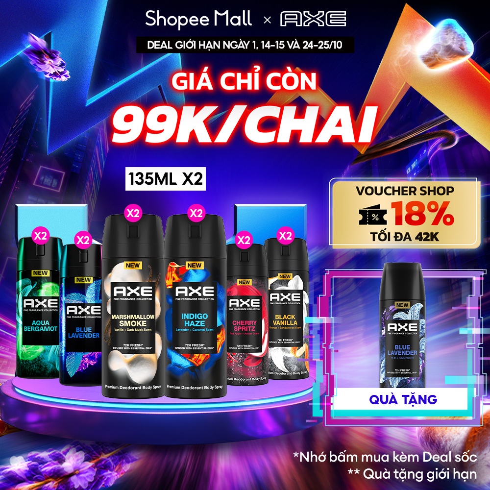 [DEAL SỐC] Combo 2 Xịt khử mùi hương nước hoa cao cấp AXE 135ml cho nam, khử mùi và lưu hương lên tới 72h