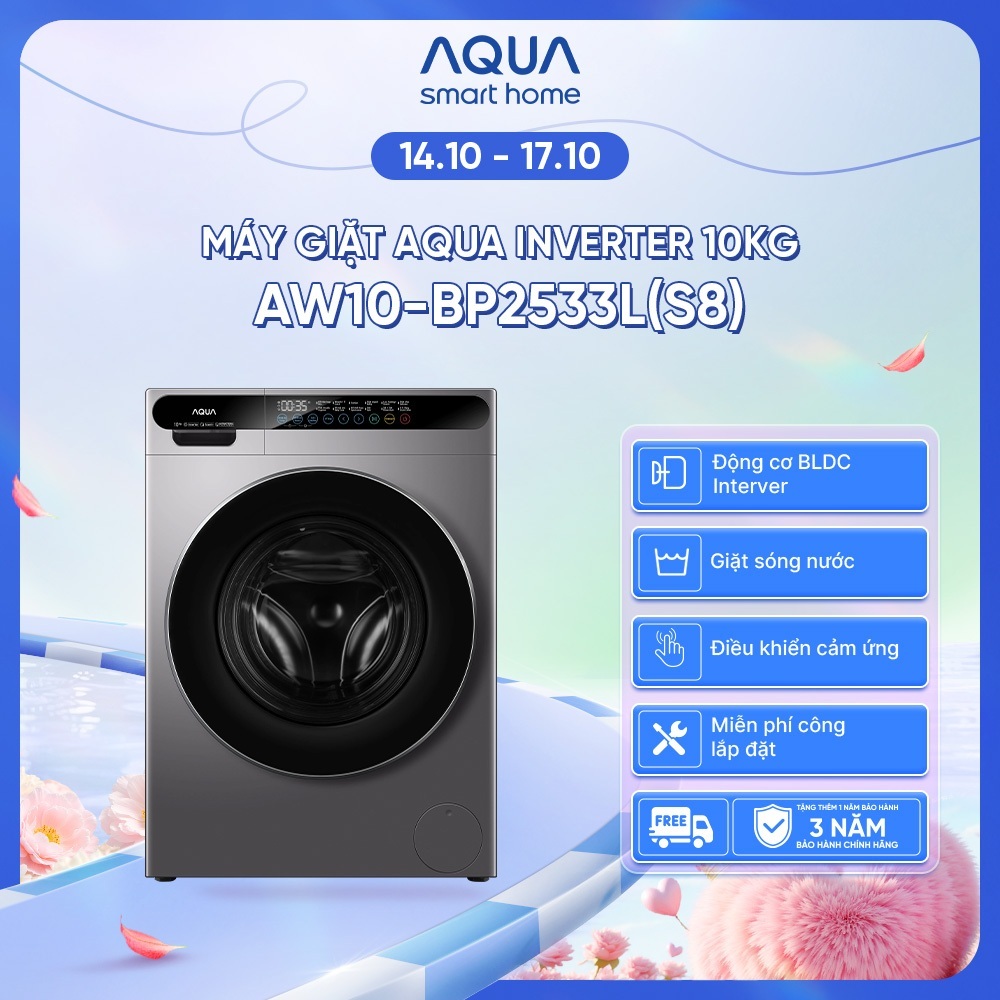 [ĐỘC QUYỀN] Máy giặt cửa trước AQUA Inverter 8kg/9kg/10kg AW10-BP2533L(S8) - Freeship toàn quốc - Hỗ trợ lắp đặt