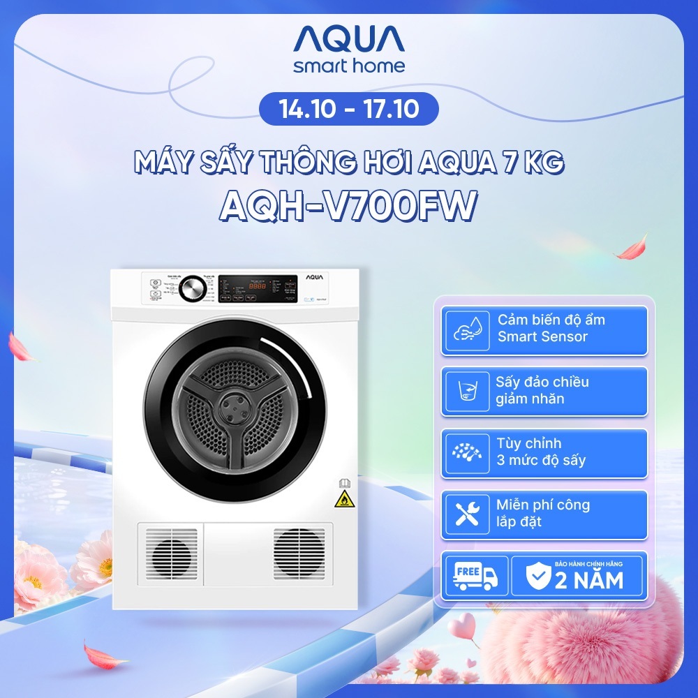 Máy sấy thông hơi Aqua 7 kg AQH-V700F.W - Bảo hành 2 năm - Freeship toàn quốc - Hàng có sẵn