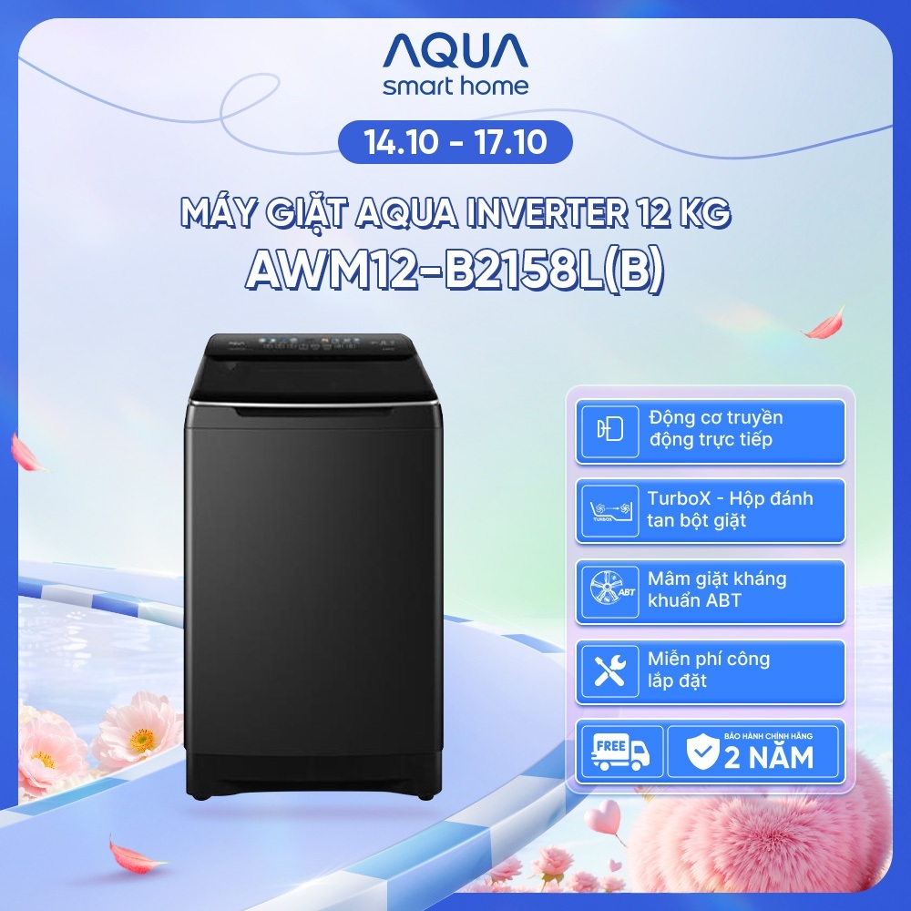 [DEAL HOT] Máy giặt Aqua Inverter 12 kg AWM12-B2158L(B) - Bảo hành 2 năm - Freeship toàn quốc - Hỗ trợ đồng kiểm