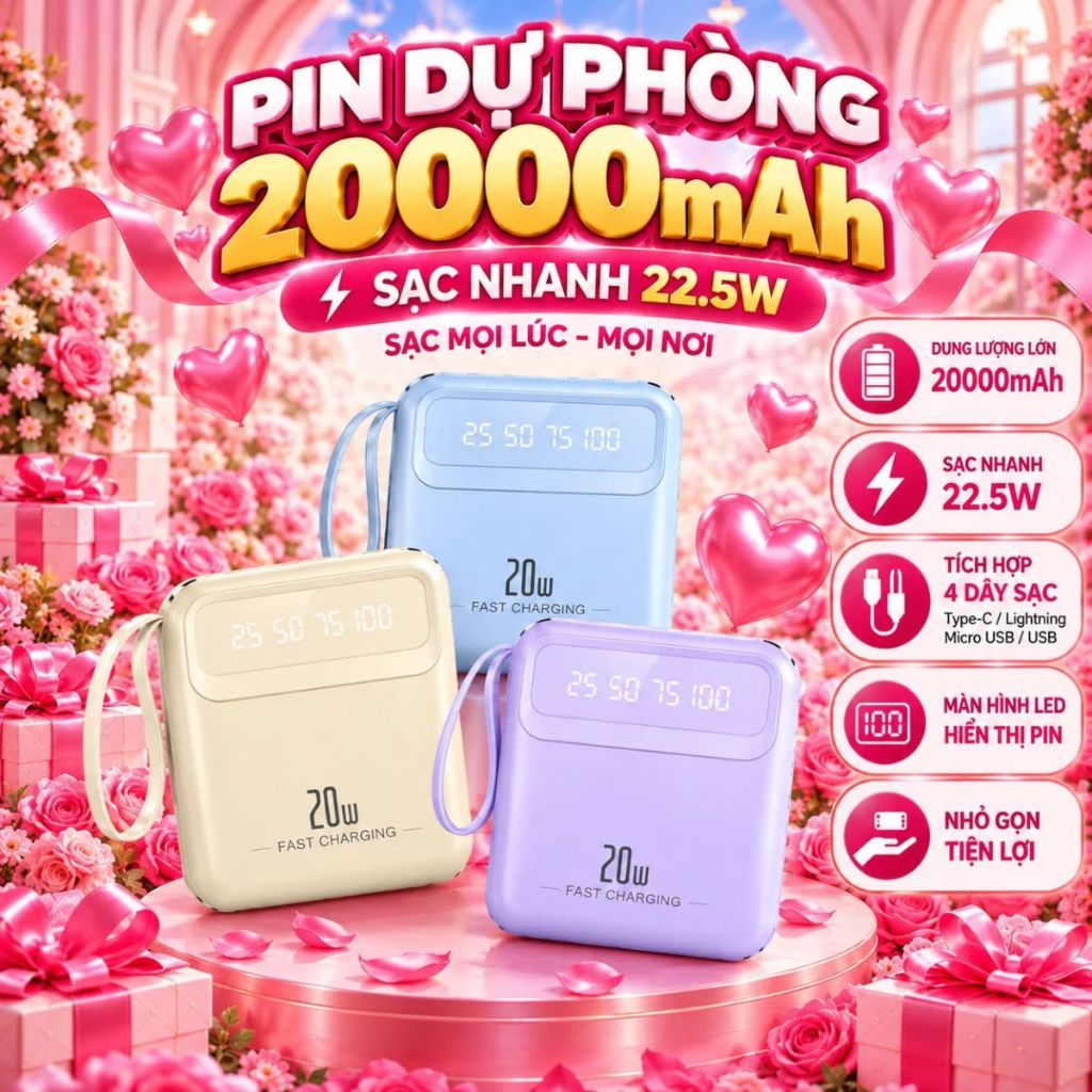 Sạc Dự Phòng 20000mAh 20W Tích Hợp 4 Cáp Liền, Pin Dự Phòng Sạc Nhanh, Màn Hình LED, iPhone Samsung