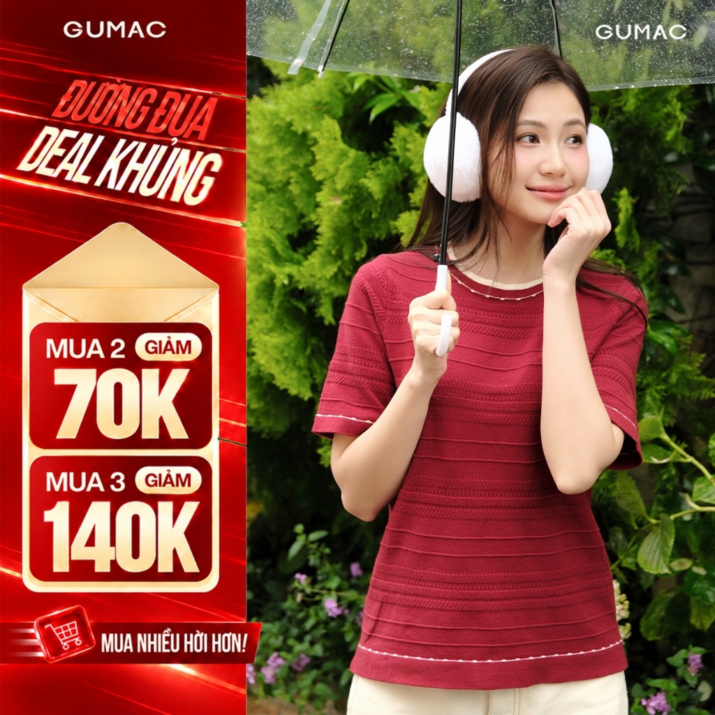 Áo Len Dệt Kim Nữ GUMAC Form Suông Tay Ngắn Cổ Tròn Phối Sọc Chất Len Lông Thỏ Mềm Mịn Trẻ Trung AG09040