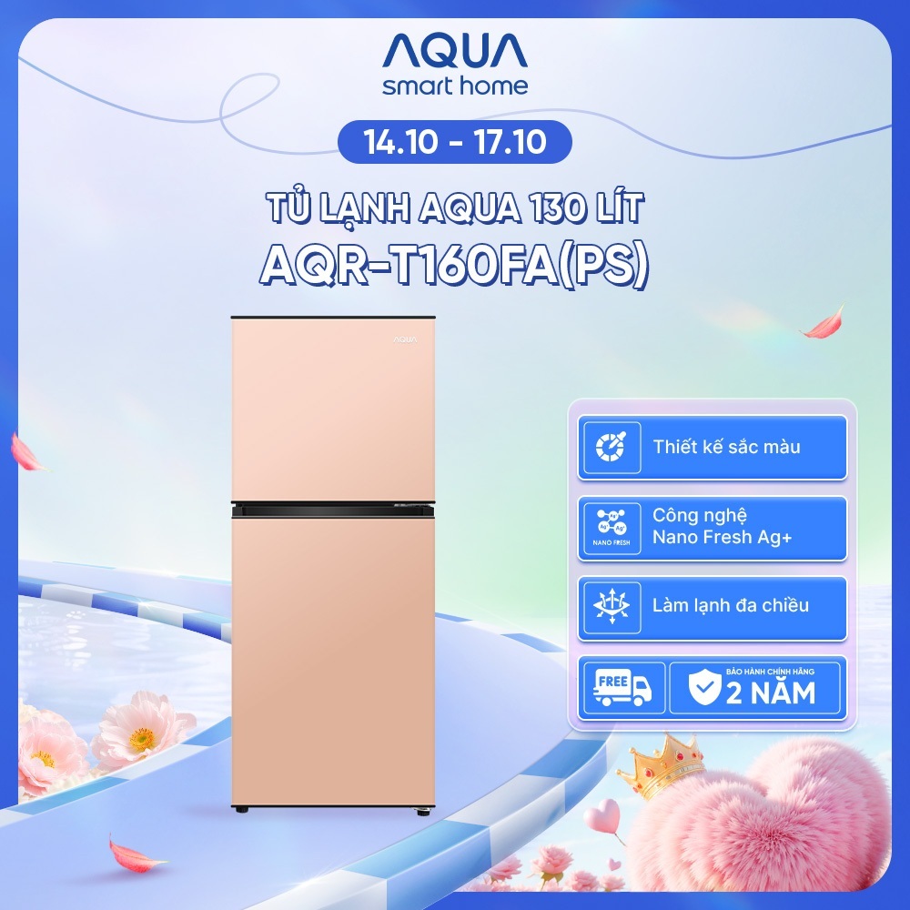 [SẢN PHẨM MỚI] Tủ lạnh AQUA 2 cánh 130 lít ngăn đá trên AQR-T160FA(PS) - Màu hồng - Freeship - Giao sau 5 - 7 ngày