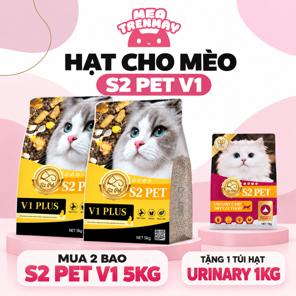 [Mua 2 Tặng 1] Hạt S2 PET V1 5KG Cho Mèo, Siêu Topping 32% Protein, Tặng Hạt Urinary 1KG | Mèo Trên Mây