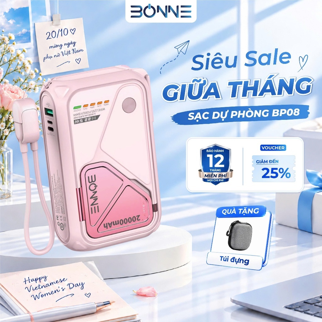 [TẶNG TÚI ĐỰNG ] Sạc Dự Phòng BP08, Củ Sạc Nhanh BONNE BP08 10.000 mAh 20.000 mAh Hỗ Trợ Sạc Không Dây