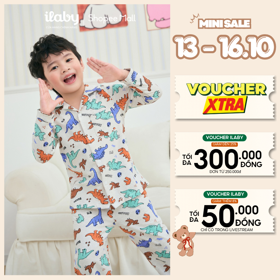 Bộ đồ ngủ bé trai ILABY in hình khủng long áo khoác tay dài quần dài lưng chun [4186]