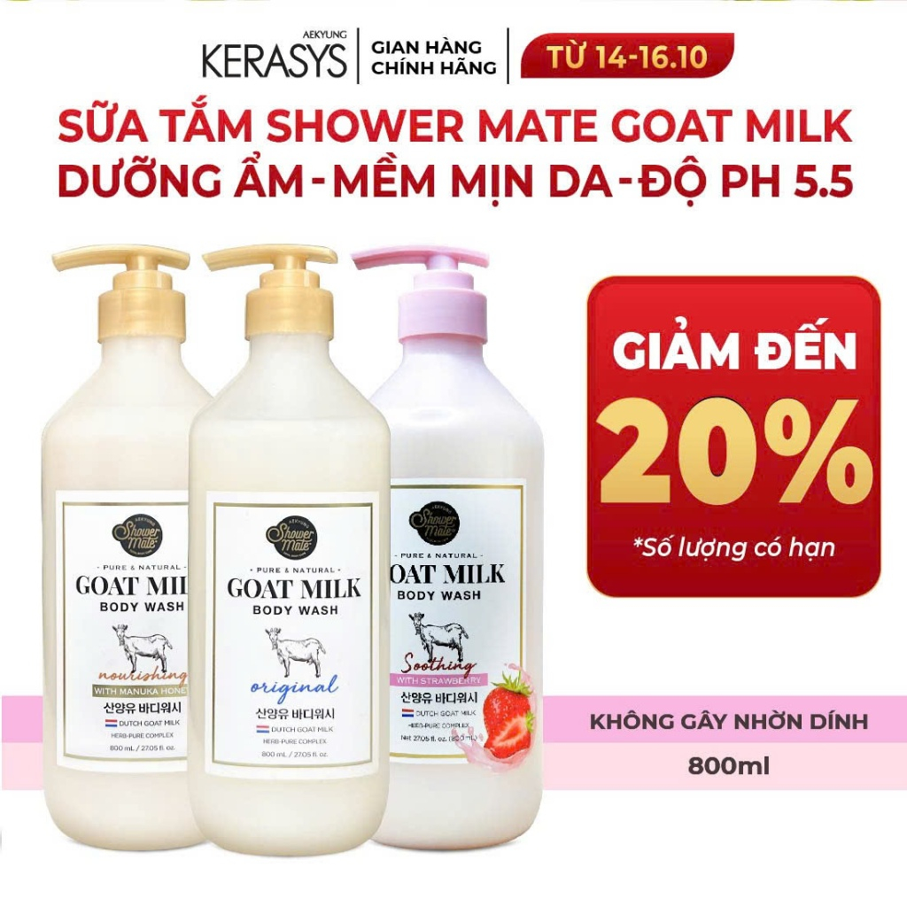 Sữa tắm dê dưỡng ẩm, sắng da, kháng khuẩn, giảm mụn lưng Shower Mate Goat Milk Hàn Quốc 800ml