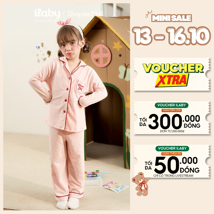 [GIÁ MỞ BÁN] Bộ pijama dài tay bé gái ILABY, đồ bộ dài tay cho bé  viền đỏ thêu hình chất cotton thoáng mát [4115]