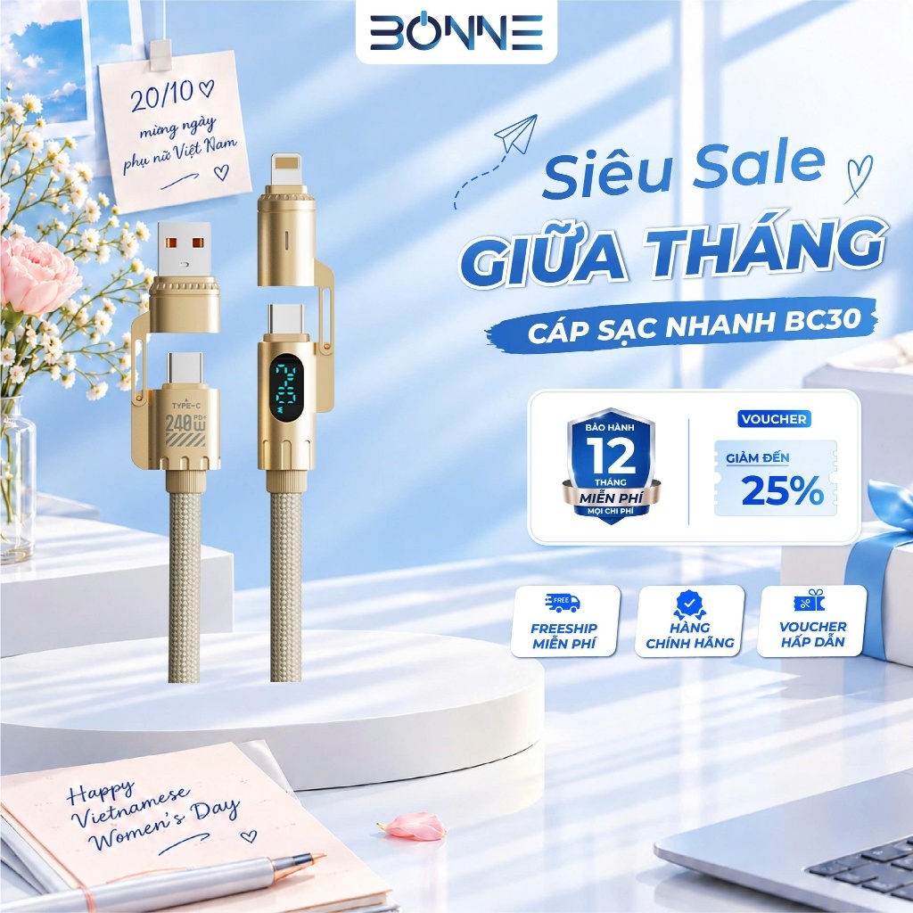 Cáp Sạc Nhanh BC30 ( Dài 2 Mét ) 4in1 Công Suất 240W Chính Hãng By Bonne TECHNOLOGIQUE Hỗ Trợ CarPlay, Bảo Hành 12T