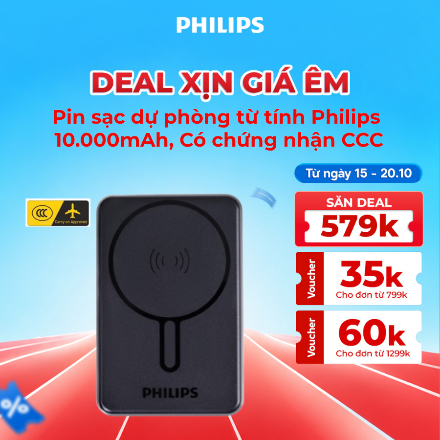 [Chứng Nhận CCC] Pin Sạc Dự Phòng Từ Tính Philips DLP6759 10.000mAh 22.5W, có 3C, mang lên máy bay