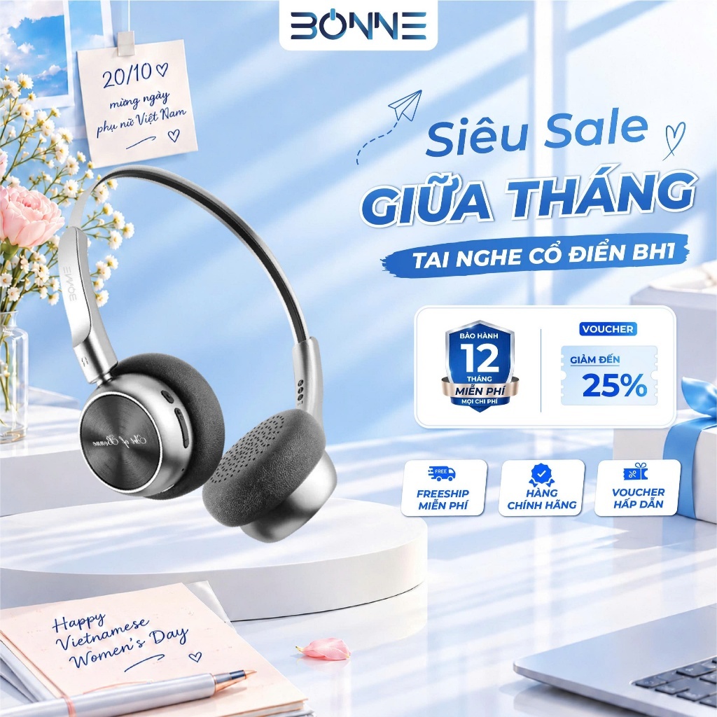 Tai Nghe Bluetooth Thiết Kế Cổ Điển BH1 By Bonne Chính Hãng, Tai Nghe Bluetooth 5.4, Âm thanh HIFI, Bảo hành 12 tháng