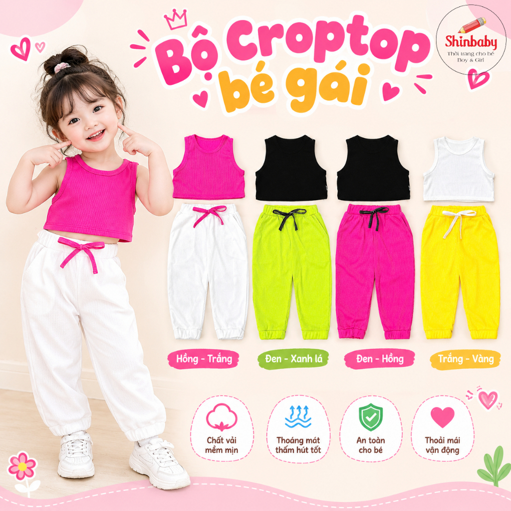 Bộ Quần Áo Croptop Cá Tính Năng Động Cho Bé Gái Vải Thun Tăm 7-20kg