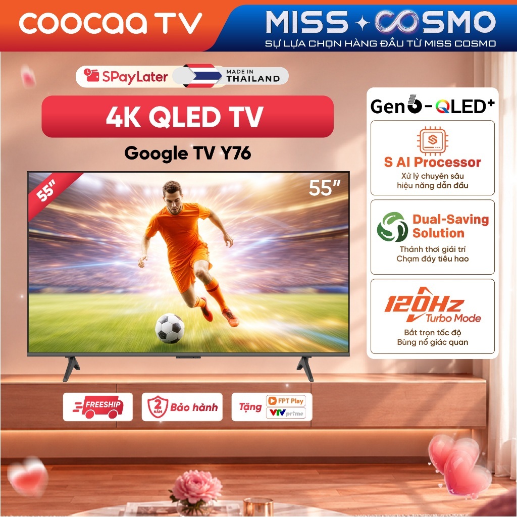 [QLED] Smart Google TV COOCAA 55 inch QLED 55Y76 Điều Khiển Bằng Giọng Nói | HSR 120Hz | HDR10+ -Miễn phí lắp đặt HN&HCM
