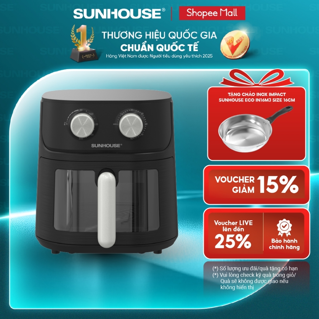 [Độc quyền] Nồi chiên không dầu 6.5L SUNHOUSE SHD4032 - Công nghệ Rapid Air giảm tới 80% dầu - Khoang chiên trong suốt