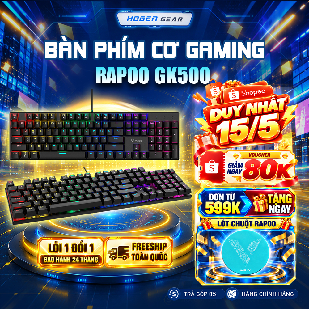 Bàn Phím Cơ Gaming Rapoo GK500 | Đèn RGB | Full Size | Chống Chàn nước | Bảo Hành 24 Tháng