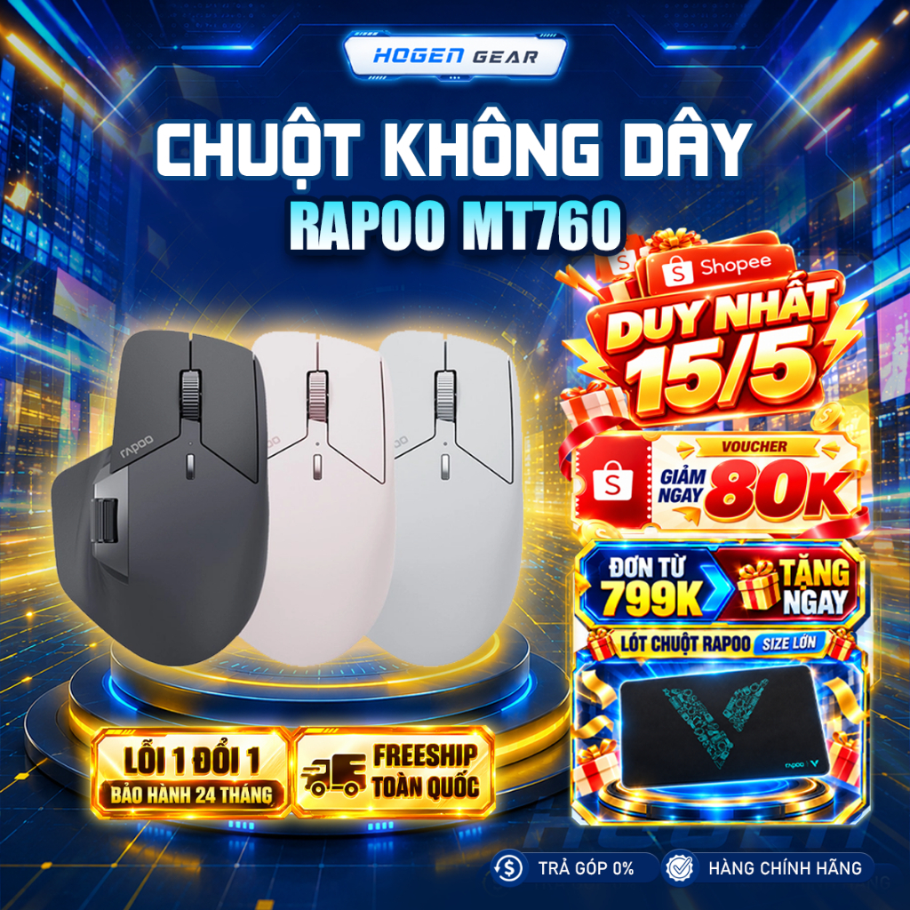 Chuột Không Dây Rapoo MT760 | 2.4G và Bluetooth 5.0 |Kết nối 5 thiết bị |Lưu cài đặt | Bảo hành 24TH
