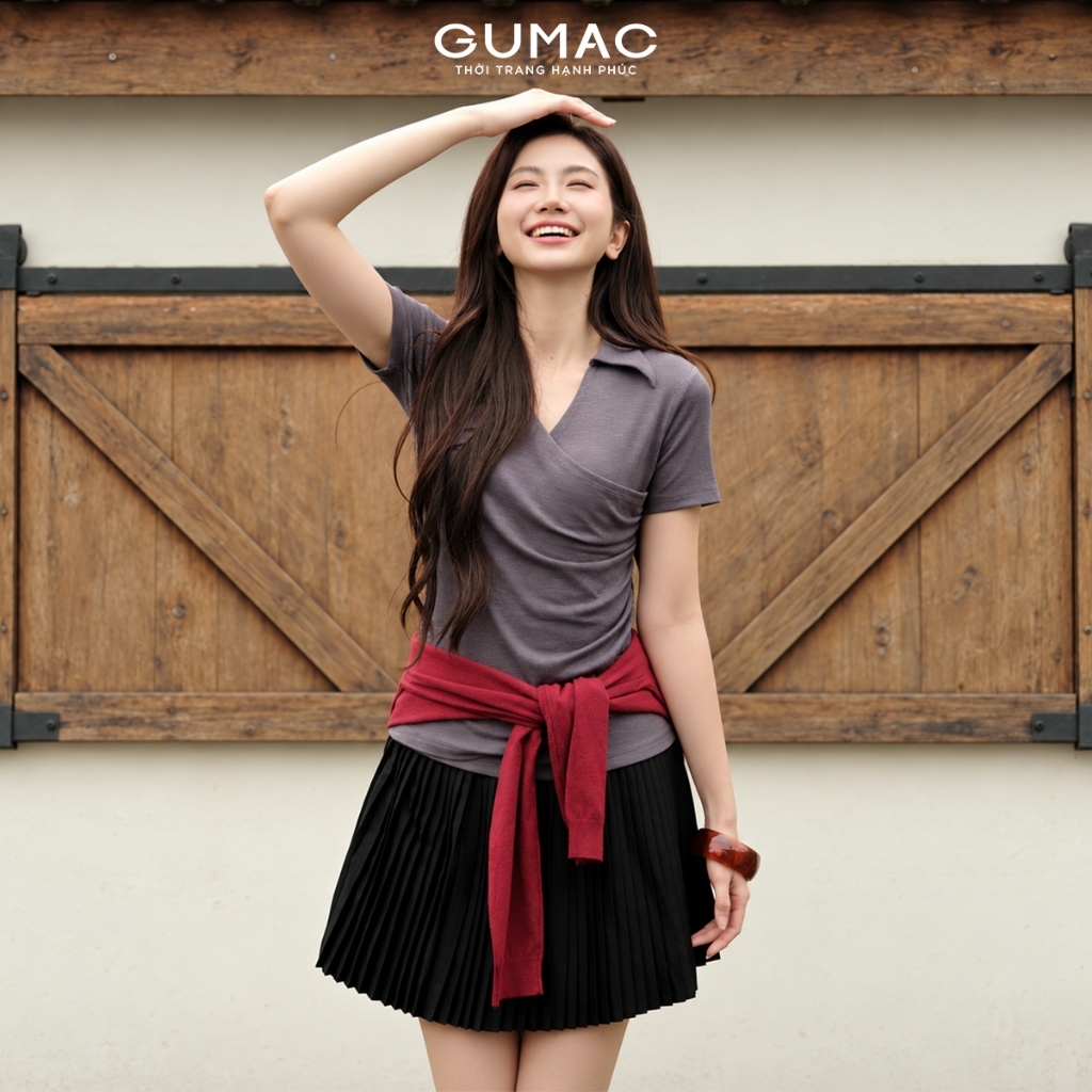 Áo Thun Nữ Tay Ngắn GUMAC Form Slim Ôm Dáng Cổ Đắp Chéo Nhún Eo Một Bên Cách Điệu Trẻ Trung ATG10027