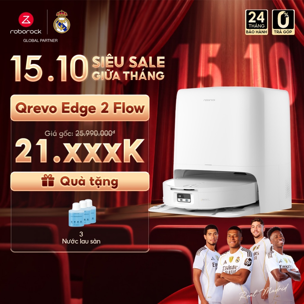 Roborock Qrevo Edge 2 Flow robot hút bụi lau nhà | Giặt sấy con lăn tự động | Lực hút 35000 Pa | Bảo hành 2 năm