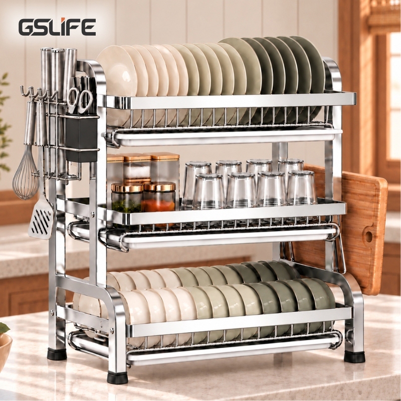 GSlife Kệ Chén Bát Đĩa Inox 2/3 Tầng Kèm Khay Hứng Nước, Kệ Để Bát Đĩa Cho Nhà Bếp