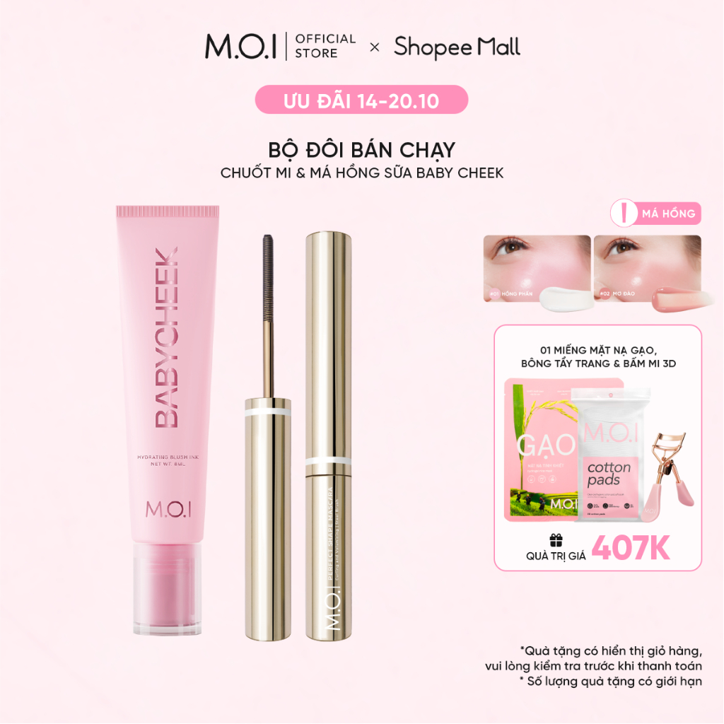Bộ đôi Mascara cong & dài 12H và Má hồng sữa ửng hồng tự nhiên Baby Cheek Blush Ink by MOI