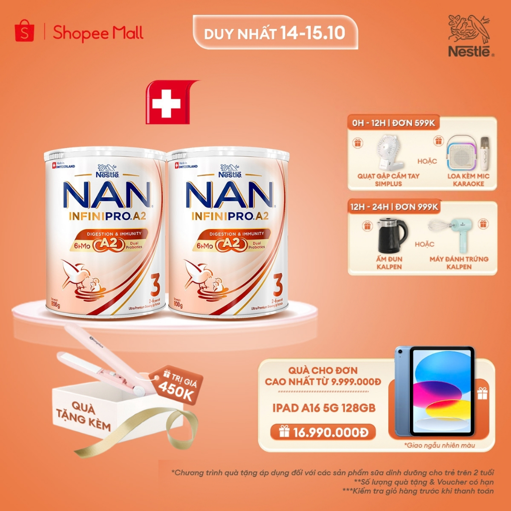 [Tặng máy uốn duỗi] Combo 2 lon Sữa bột Nestle NAN INFINIPRO A2 3 800g Cho Bé 2 - 6 Tuổi Có Đạm A2, 6HMO, Lợi Khuẩn Kép